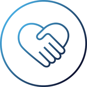 Icon of hands holding with a heart representing giving back to communities