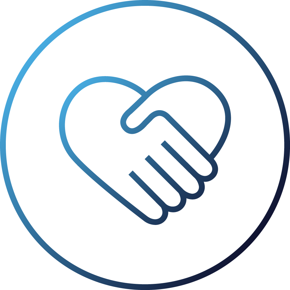 Icon of hands holding with a heart representing giving back to communities