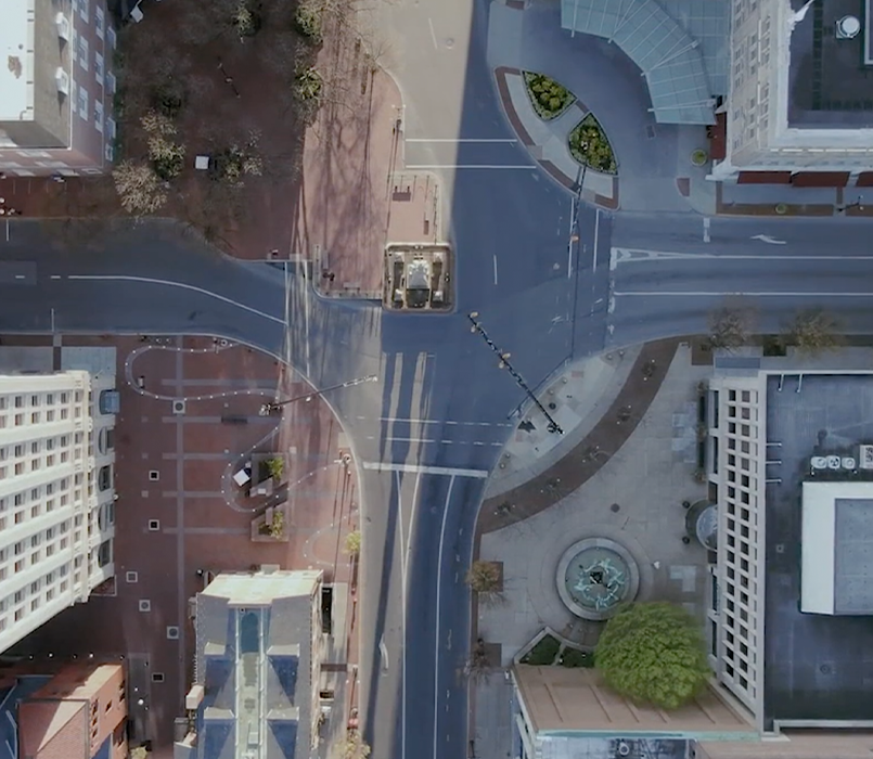Overhead image of road intersection