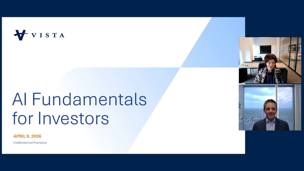 A presentation slide titled 'AI Fundamentals for Investors' from VISTA, dated April 9, 2026, shown alongside two video call participants: Suzanne Donohoe in an office and Brian Loring with a city skyline background.