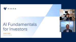 A presentation slide titled 'AI Fundamentals for Investors' from VISTA, dated April 9, 2026, shown alongside two video call participants: Suzanne Donohoe in an office and Brian Loring with a city skyline background.