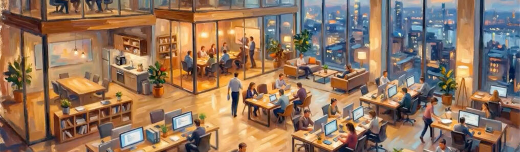 A vibrant, painterly illustration of a modern, multi-level open-plan office with many people working at desks, in meeting rooms, and lounge areas, overlooking a city skyline at night.