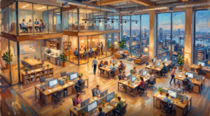 A vibrant, painterly illustration of a modern, multi-level open-plan office with many people working at desks, in meeting rooms, and lounge areas, overlooking a city skyline at night.