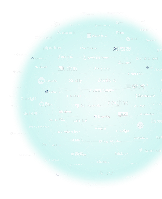 Network globe graphic displaying connected software company logos in the Vista sphere.
