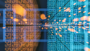 An abstract digital image showing glowing orange and blue grid patterns and particles converging towards the center on a dark background.