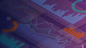Abstract digital image showing multiple translucent panels with various data visualizations, including blue and orange bar graphs, white and light blue line graphs, and a teal donut chart, all against a dark purple grid background.