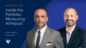 Two men, Monti Saroya and Dan Parant, in suits, against a blue background with text: 'Mid-Year Outlook: Inside the Portfolio: Measuring AI Impact'.
